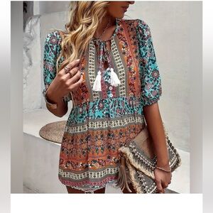 Floral paisley BoHo top with tassel size small